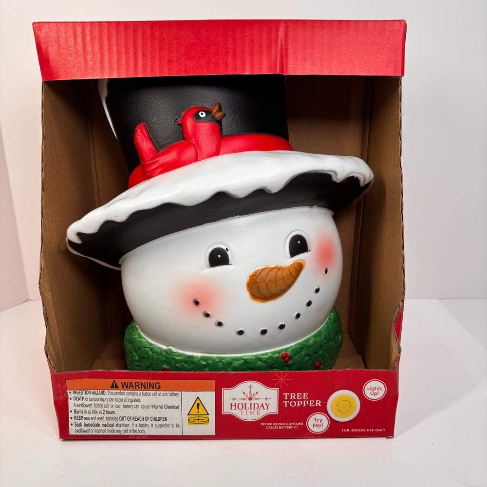 Holiday Time Light Up Snowman Tree Topper Cool White Lights Blow Mold New In Box